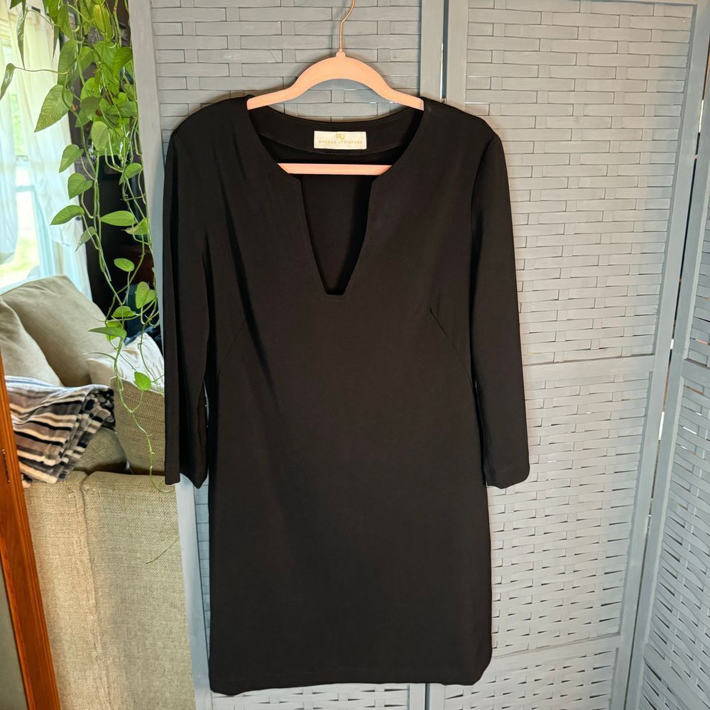 Amanda Uprichard, Black, 3/4‎ Sleeve, V-Neck Sheath Dress, Size Large